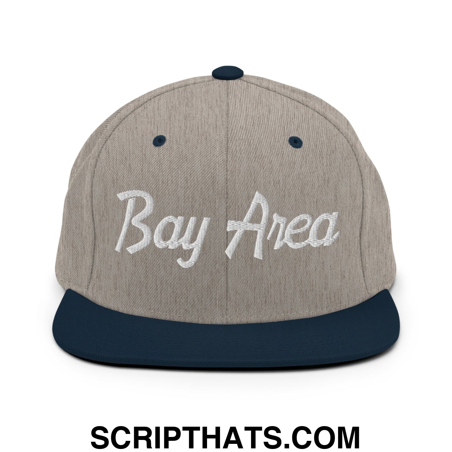Bay Area Vintage Sports Script Embroidered Flat Bill Brim Snapback Hat Heather Grey Navy