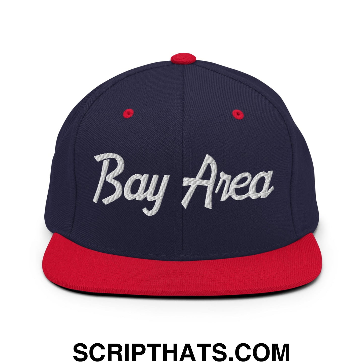 Bay Area Vintage Sports Script Embroidered Flat Bill Brim Snapback Hat Navy Red