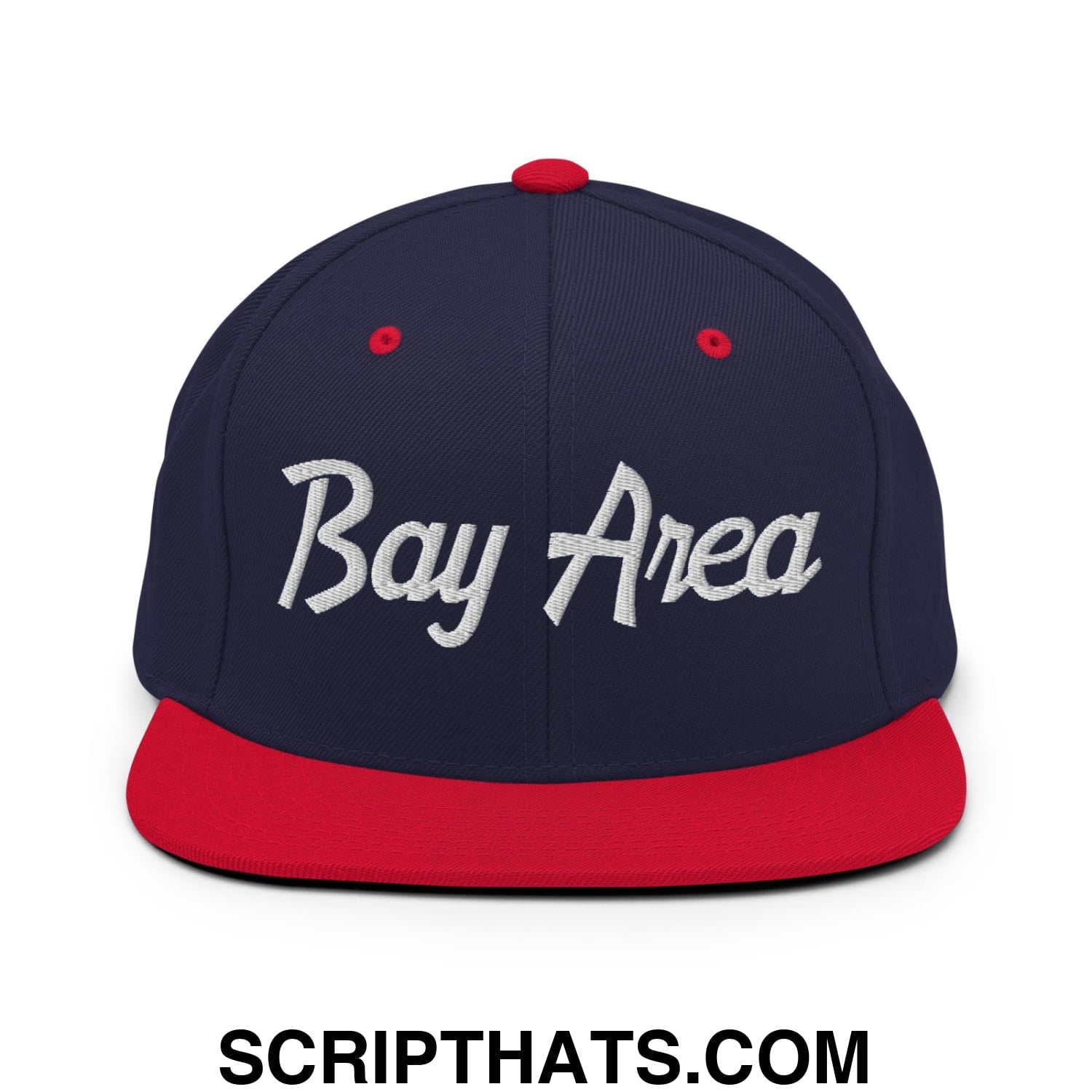 Bay Area Vintage Sports Script Embroidered Flat Bill Brim Snapback Hat Navy Red