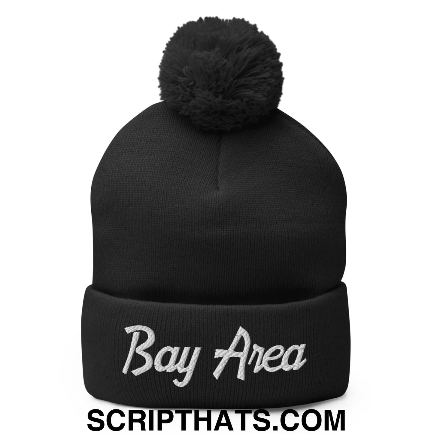 Bay Area Vintage Sports Script Embroidered Knit Pom Pom Beanie Black