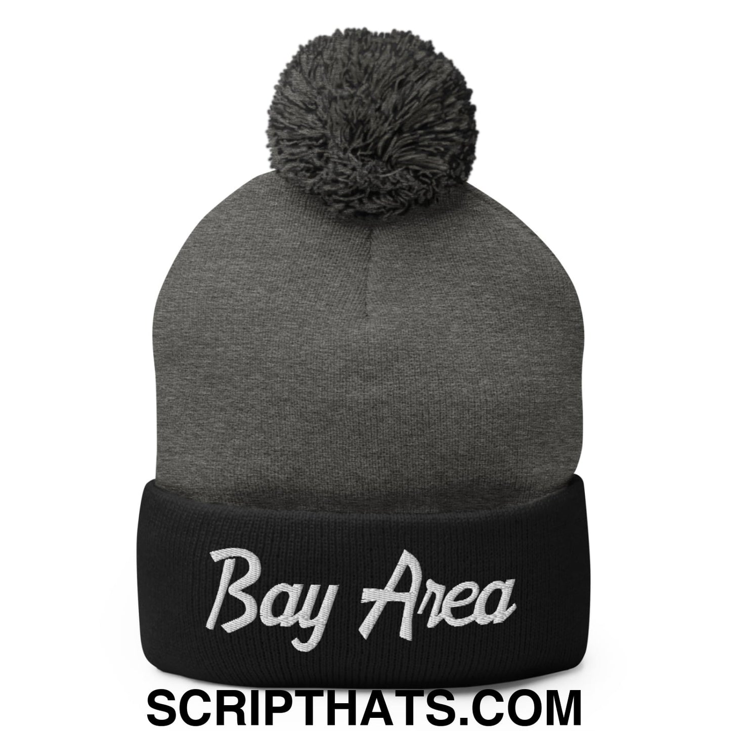Bay Area Vintage Sports Script Embroidered Knit Pom Pom Beanie Dark Heather Grey Black