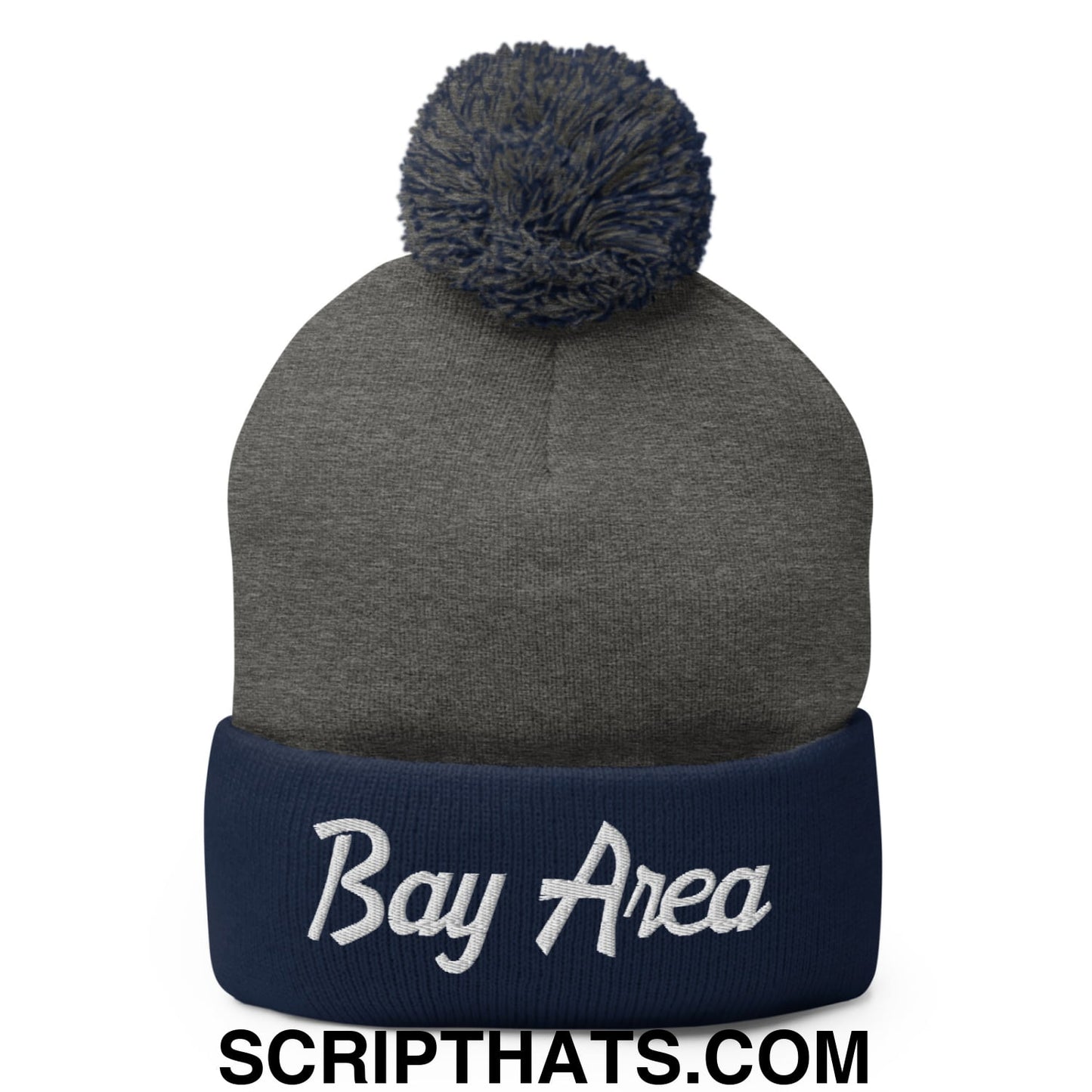 Bay Area Vintage Sports Script Embroidered Knit Pom Pom Beanie Dark Heather Grey Navy