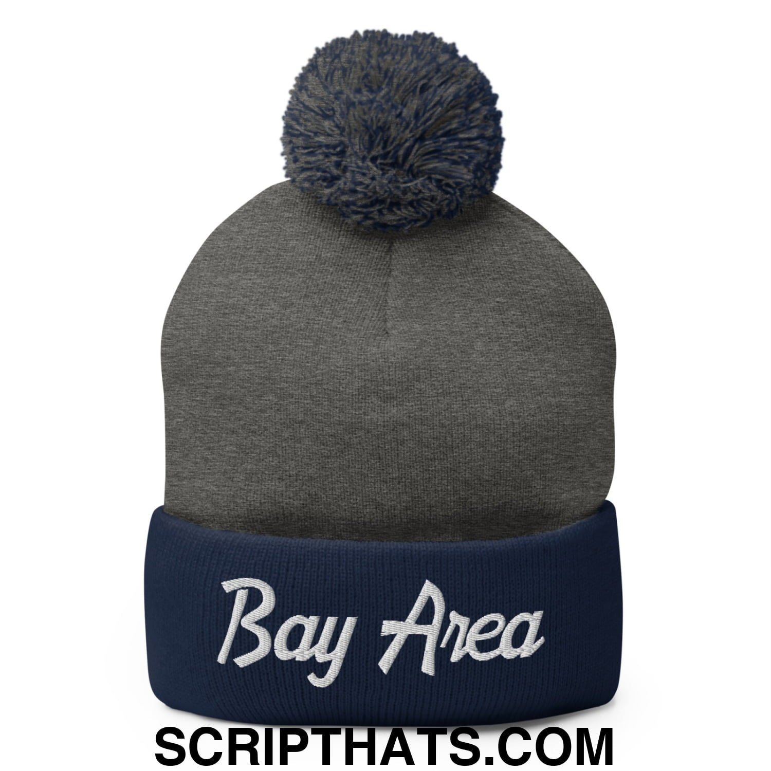 Bay Area Vintage Sports Script Embroidered Knit Pom Pom Beanie Dark Heather Grey Navy