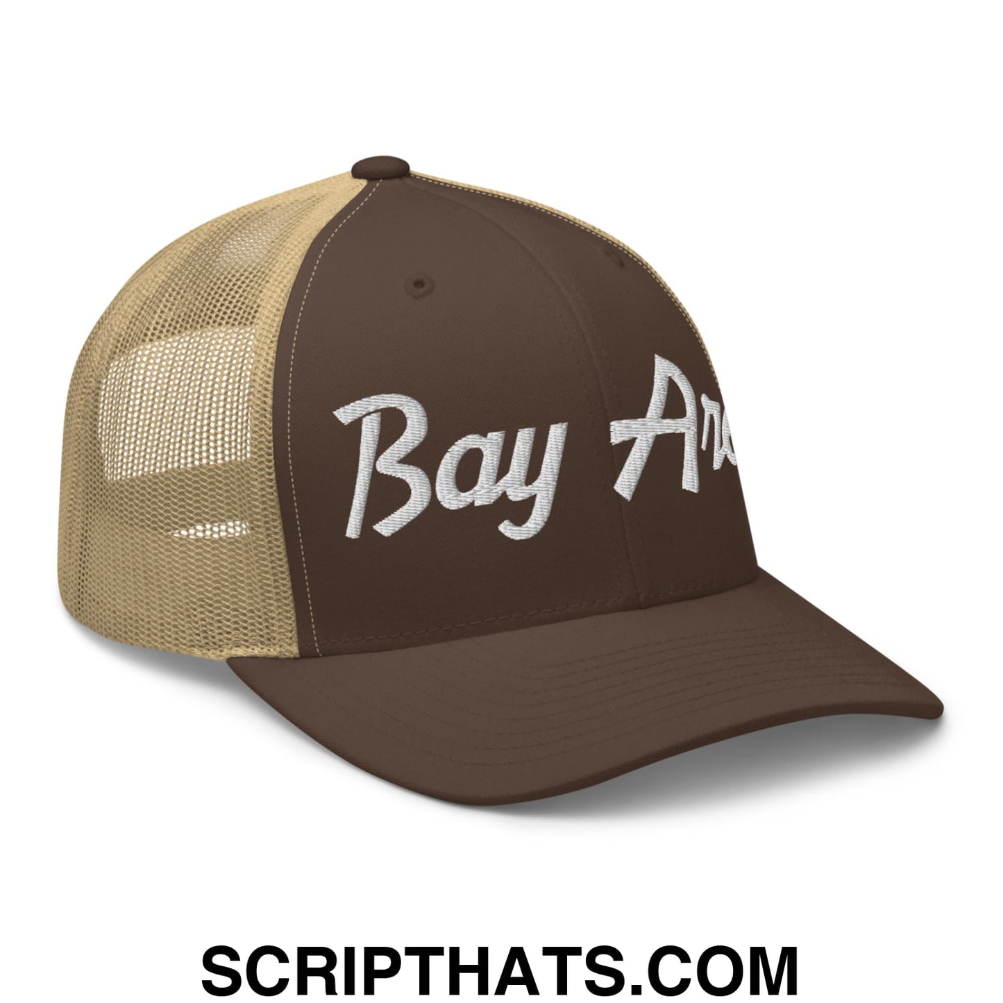 Bay Area Vintage Sports Script Embroidered Mesh Trucker Hat Brown Khaki