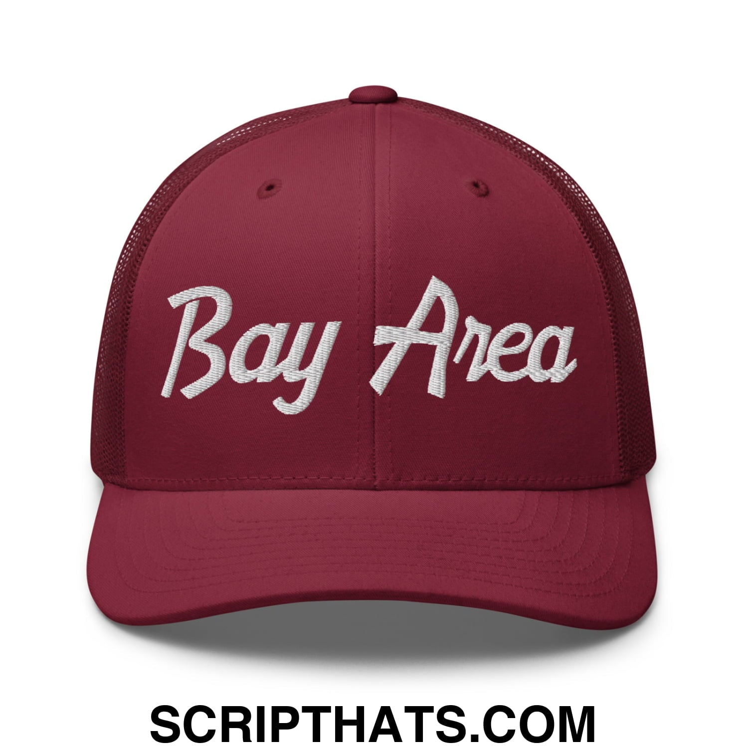 Bay Area Vintage Sports Script Embroidered Mesh Trucker Hat Cranberry
