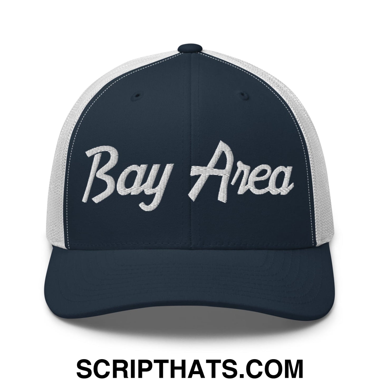 Bay Area Vintage Sports Script Embroidered Mesh Trucker Hat Navy White