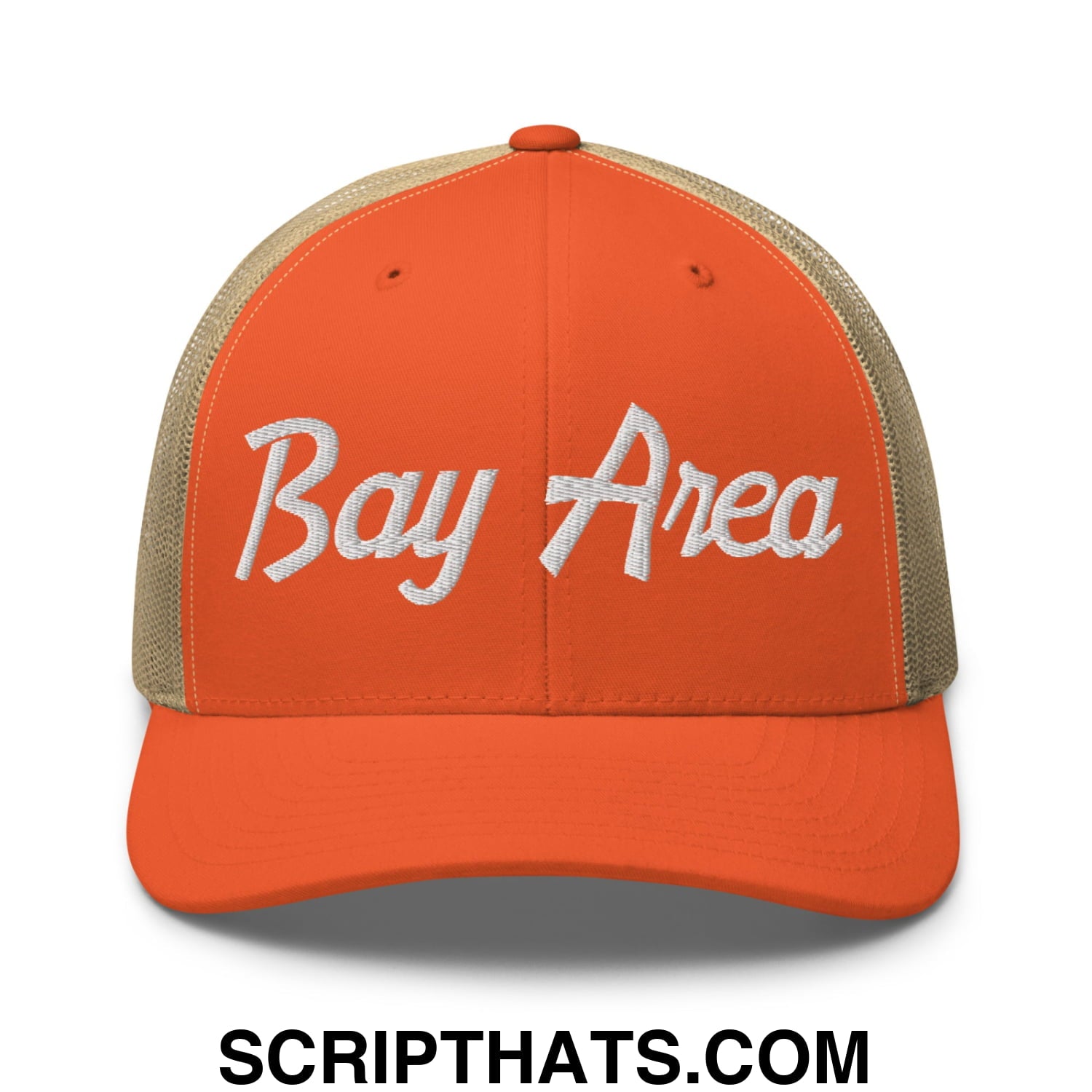 Bay Area Vintage Sports Script Embroidered Mesh Trucker Hat Rustic Orange Khaki
