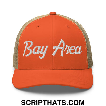 Bay Area Vintage Sports Script Embroidered Mesh Trucker Hat Rustic Orange Khaki