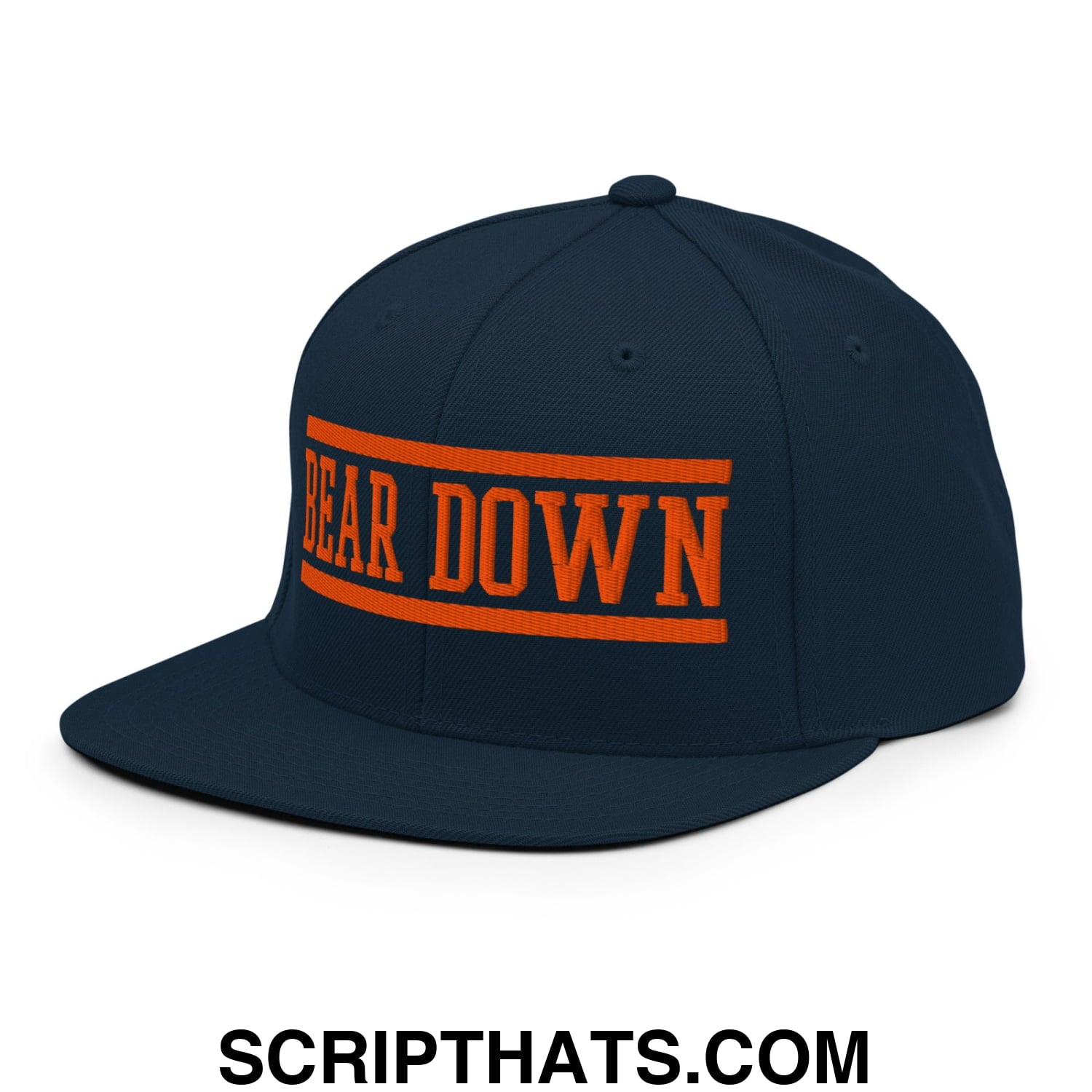 Navy blue snapback cap with bold orange bear down embroidered flat bill brim for casual wear