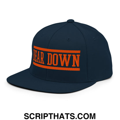 Navy blue snapback cap with bold orange bear down embroidered flat bill brim for casual wear