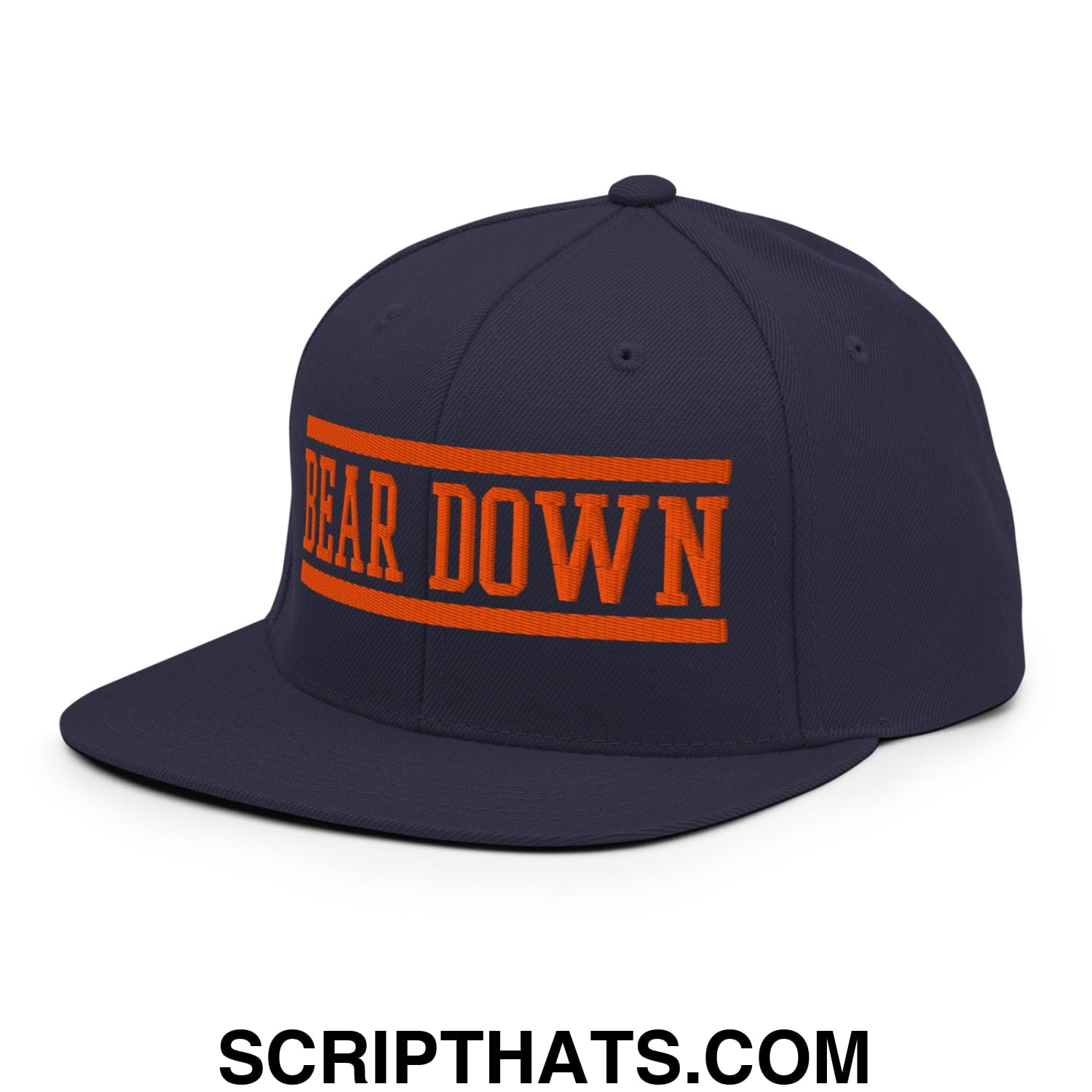 Navy blue snapback hat with bold orange bear down embroidery and matching horizontal stripe accents on flat bill brim