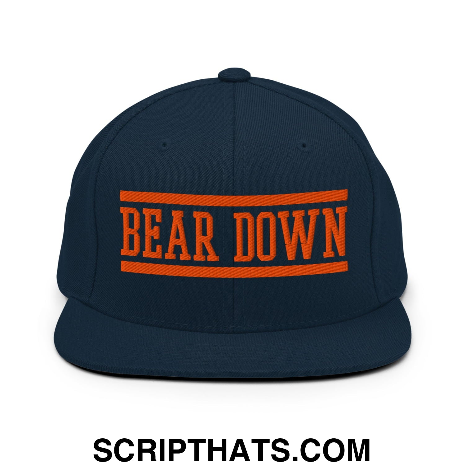 Navy blue snapback hat with flat bill brim and bold orange bear down embroidery between two stripes