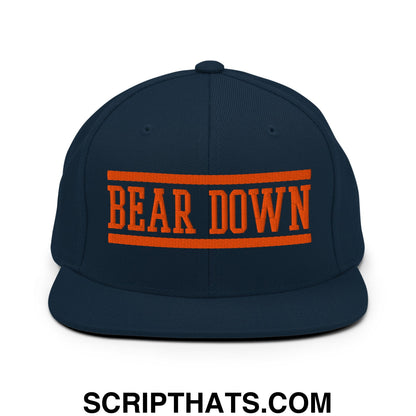Navy blue snapback hat with flat bill brim and bold orange bear down embroidery between two stripes