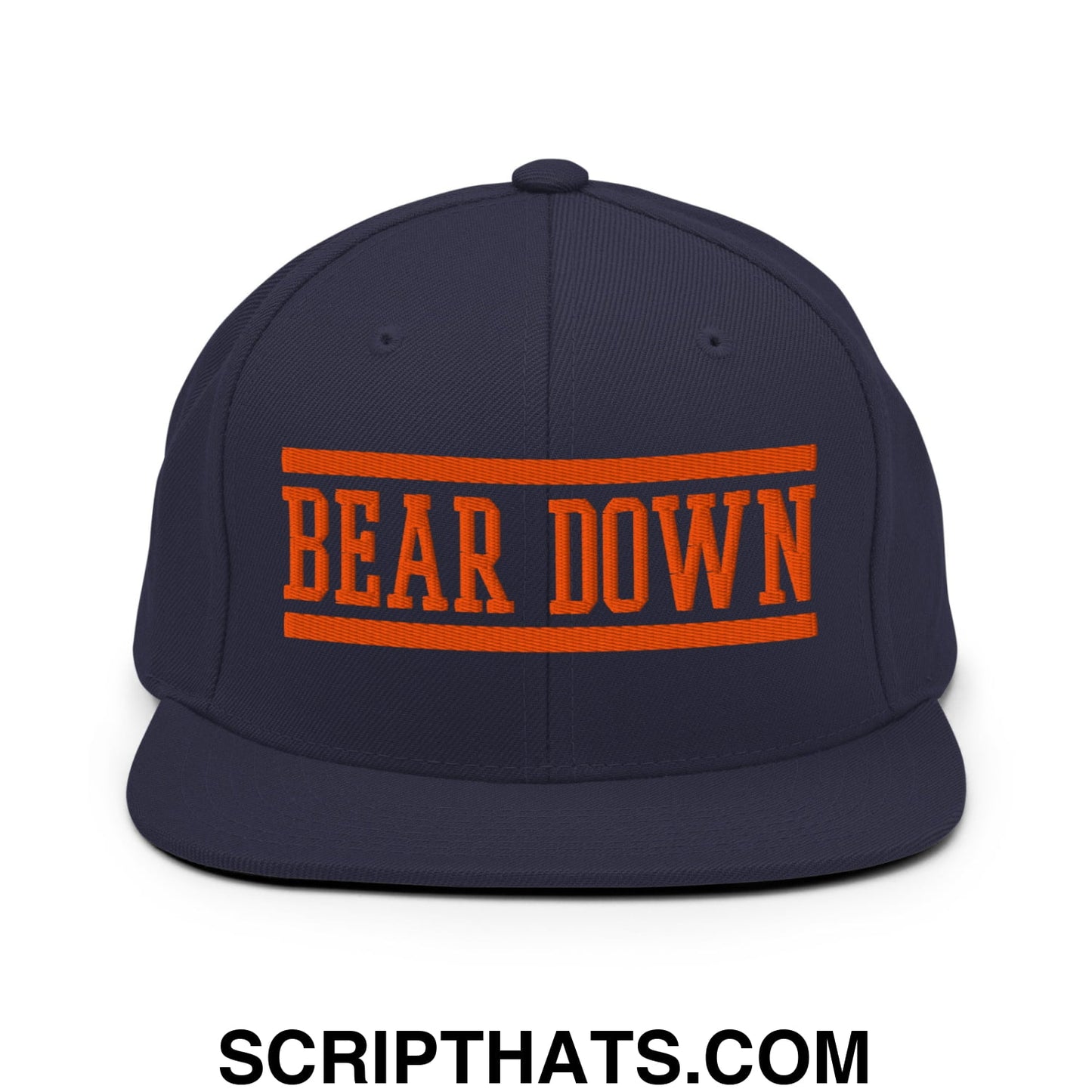 Navy blue snapback hat with embroidered bold orange bear down lettering between two horizontal stripes