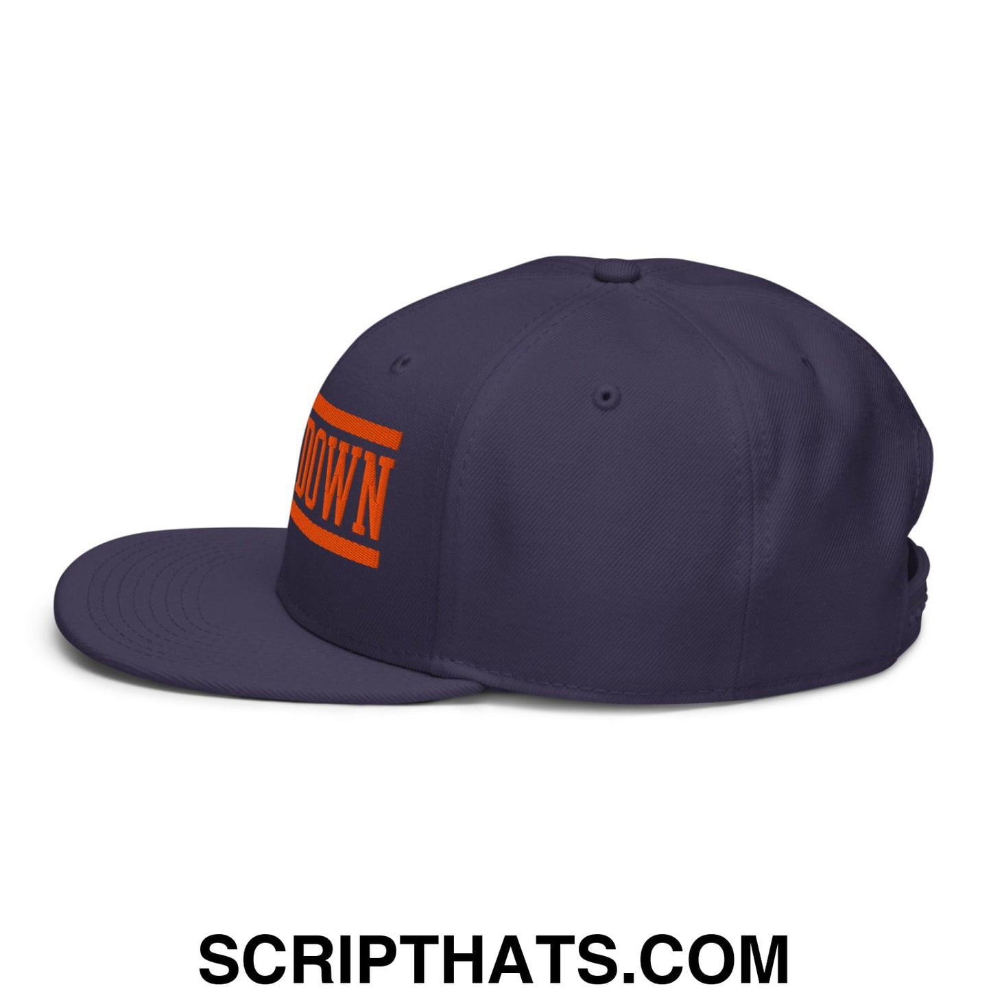 Navy blue snapback hat with bold orange down lettering in a rectangular block embroidered on flat brim bill