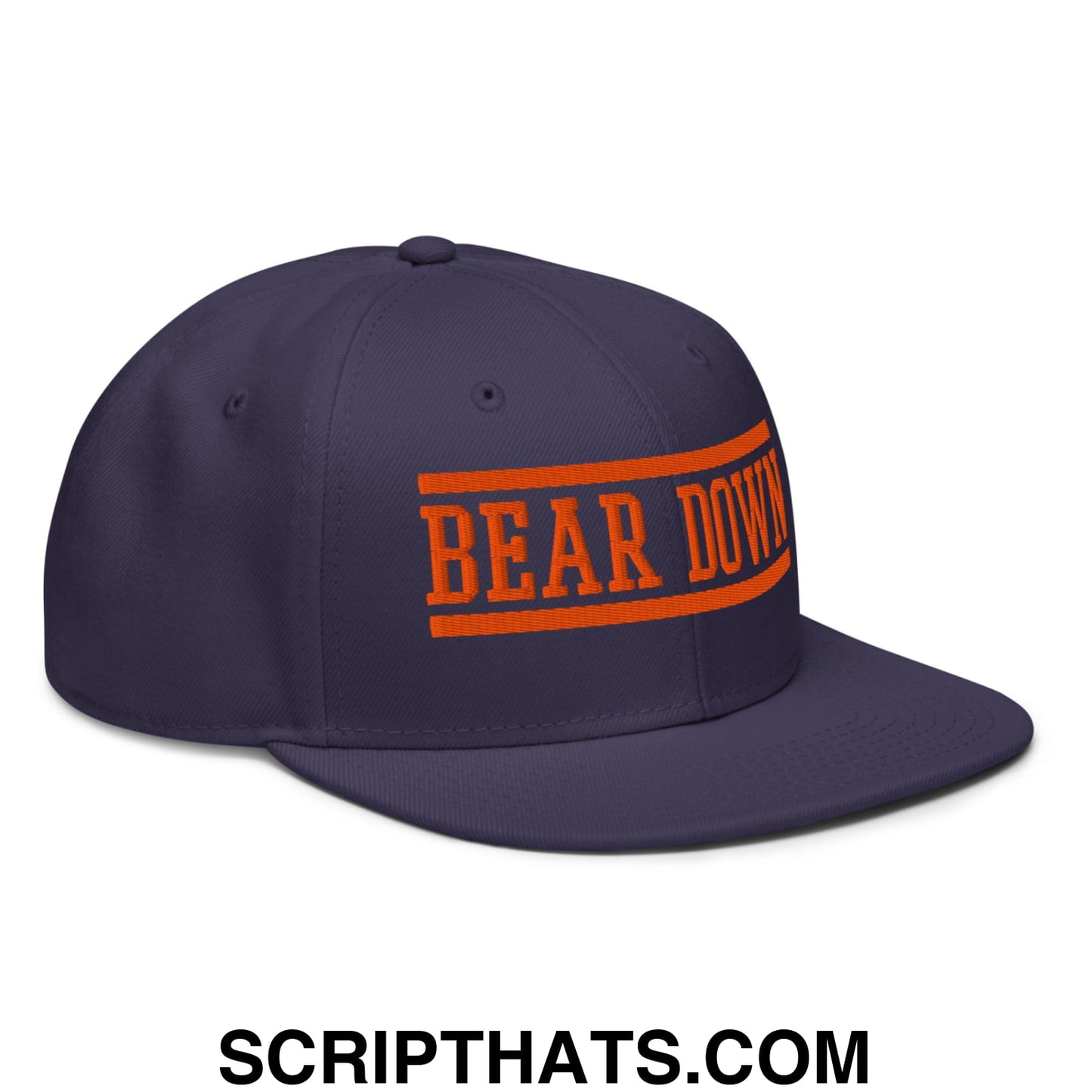 Navy blue snapback hat with orange embroidered bear down text and border flat brim for casual wear