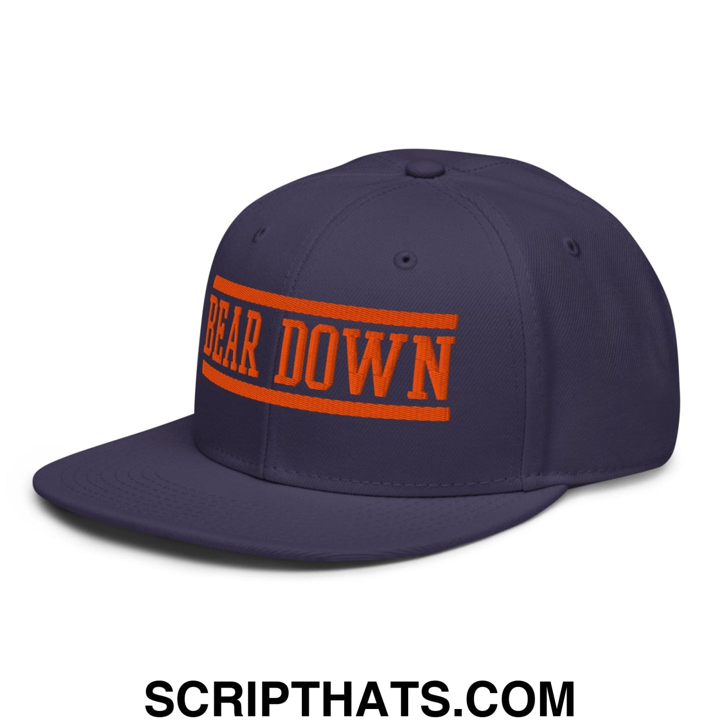 Navy blue snapback hat with flat brim bill and bold orange bear down embroidered lettering on front