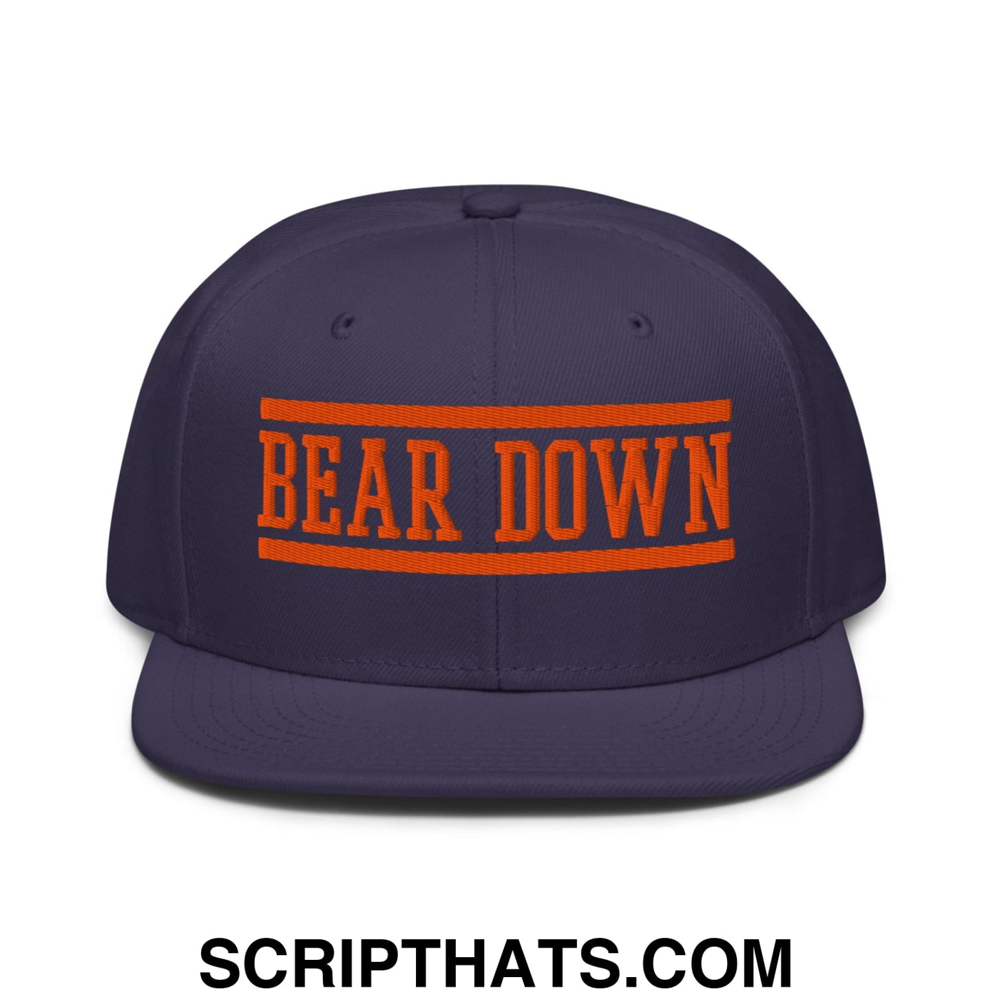 Navy blue snapback hat with orange embroidered bear down text and two horizontal stripes on flat brim bill