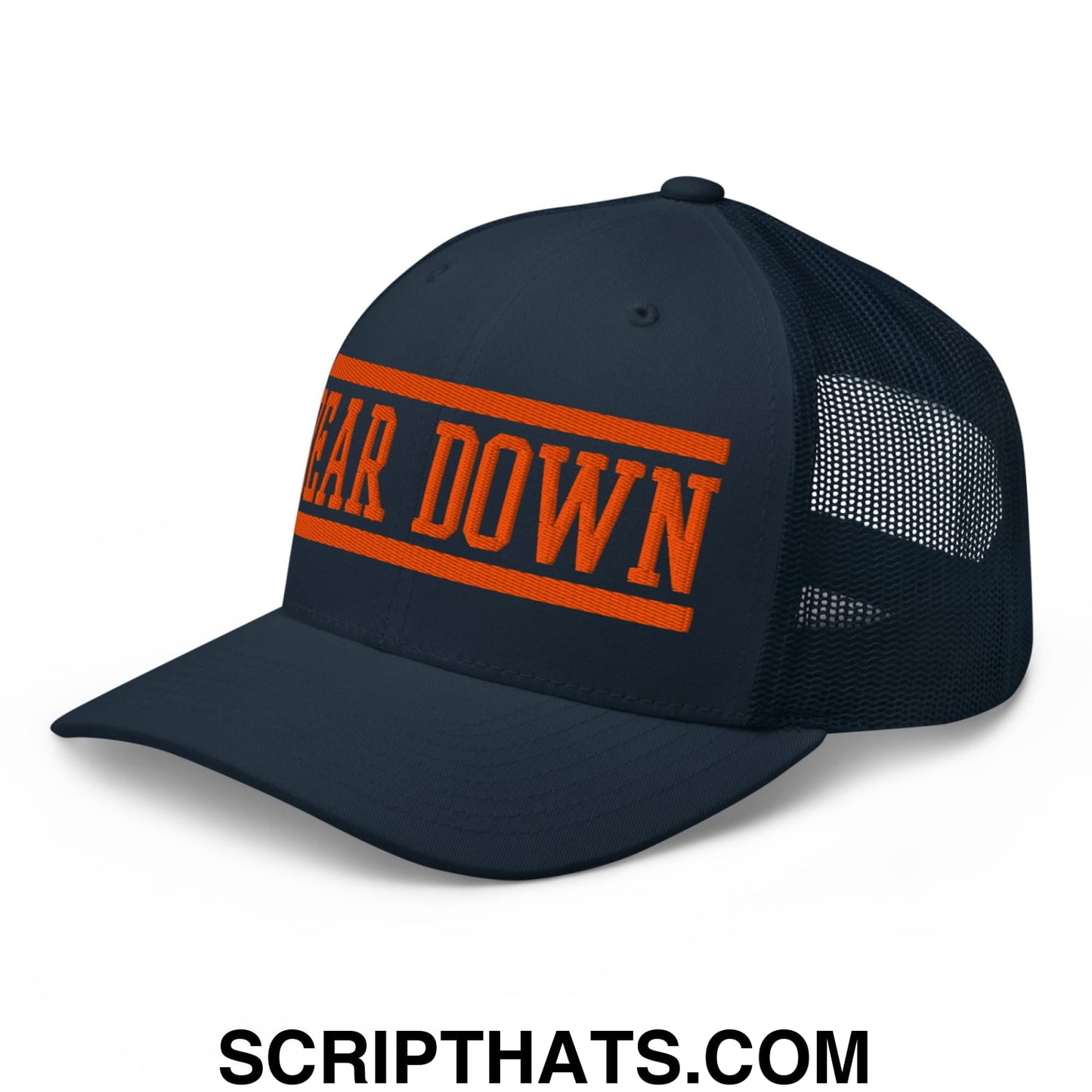 Navy blue mesh trucker hat with bold orange ear down embroidered lettering on the front panel