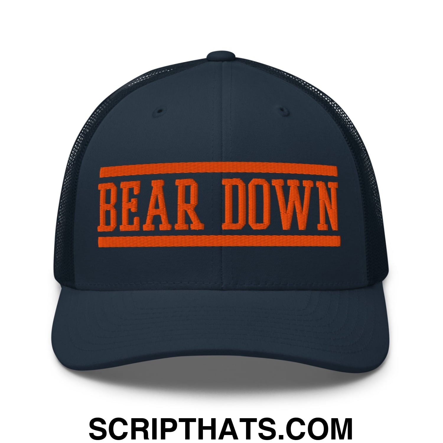 Navy blue mesh trucker hat with bold orange embroidered bear down lettering and matching horizontal stripes