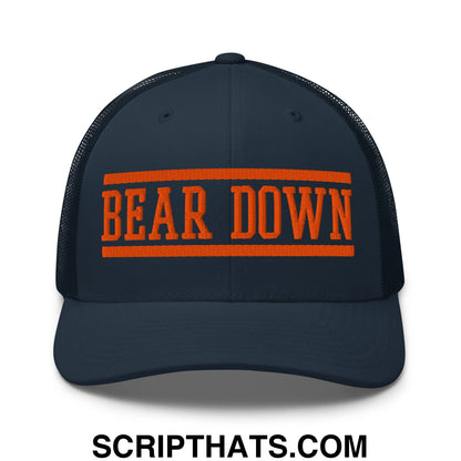 Navy blue mesh trucker hat with bold orange embroidered bear down lettering and matching horizontal stripes