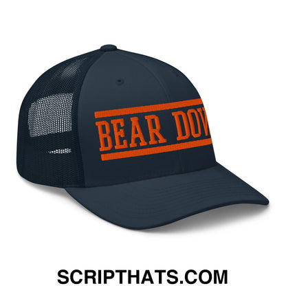 Dark navy mesh trucker hat with bold orange embroidered bear down lettering and matching striped frame