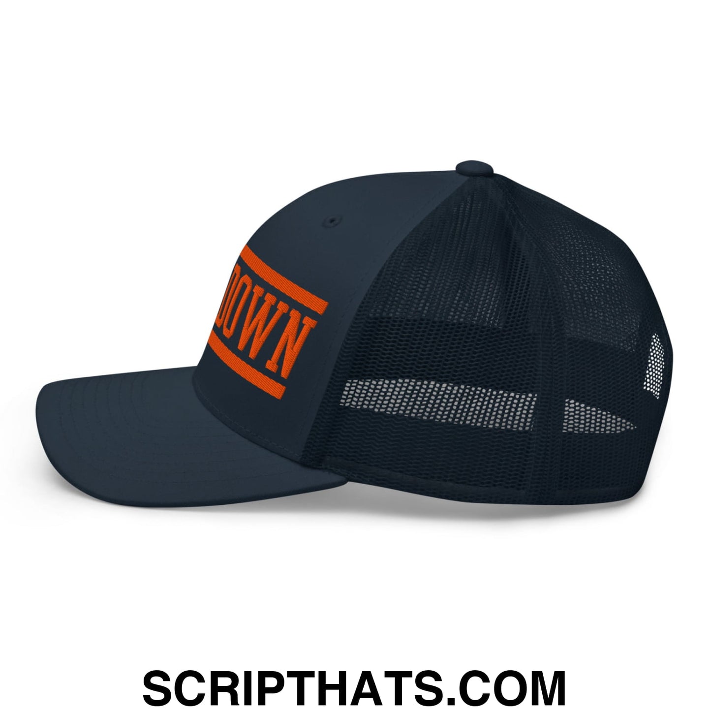 Dark navy mesh trucker hat with bold orange down lettering embroidered on the side for casual wear