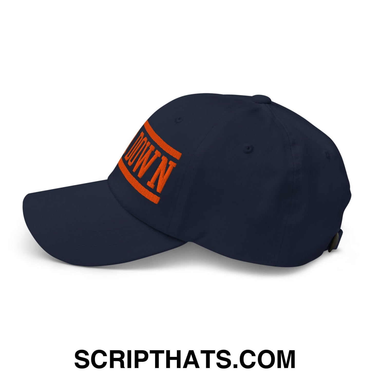 Navy blue Bear Down embroidered unstructured dad hat with bold orange down lettering outlined in matching stripe
