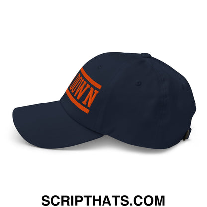 Navy blue Bear Down embroidered unstructured dad hat with bold orange down lettering outlined in matching stripe