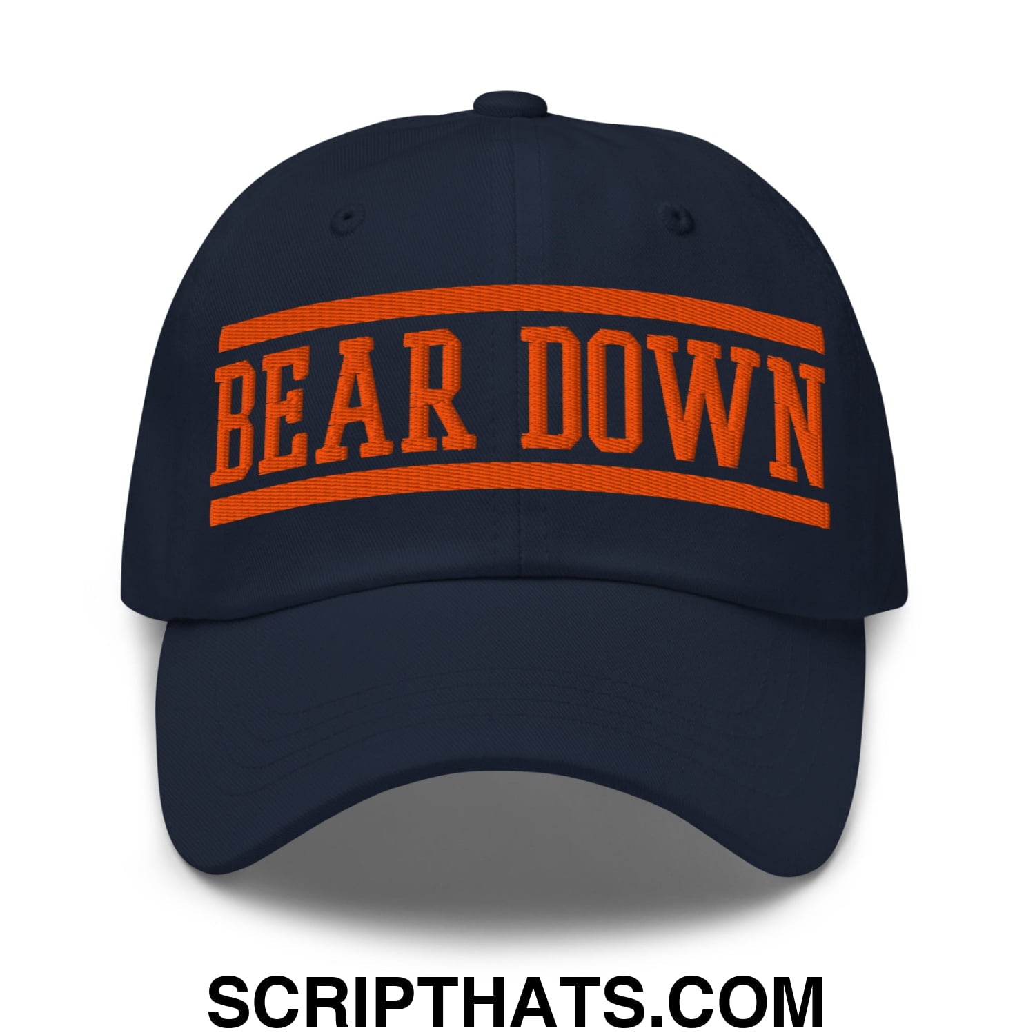 Navy blue unstructured dad hat with bold orange bear down embroidered lettering on the front