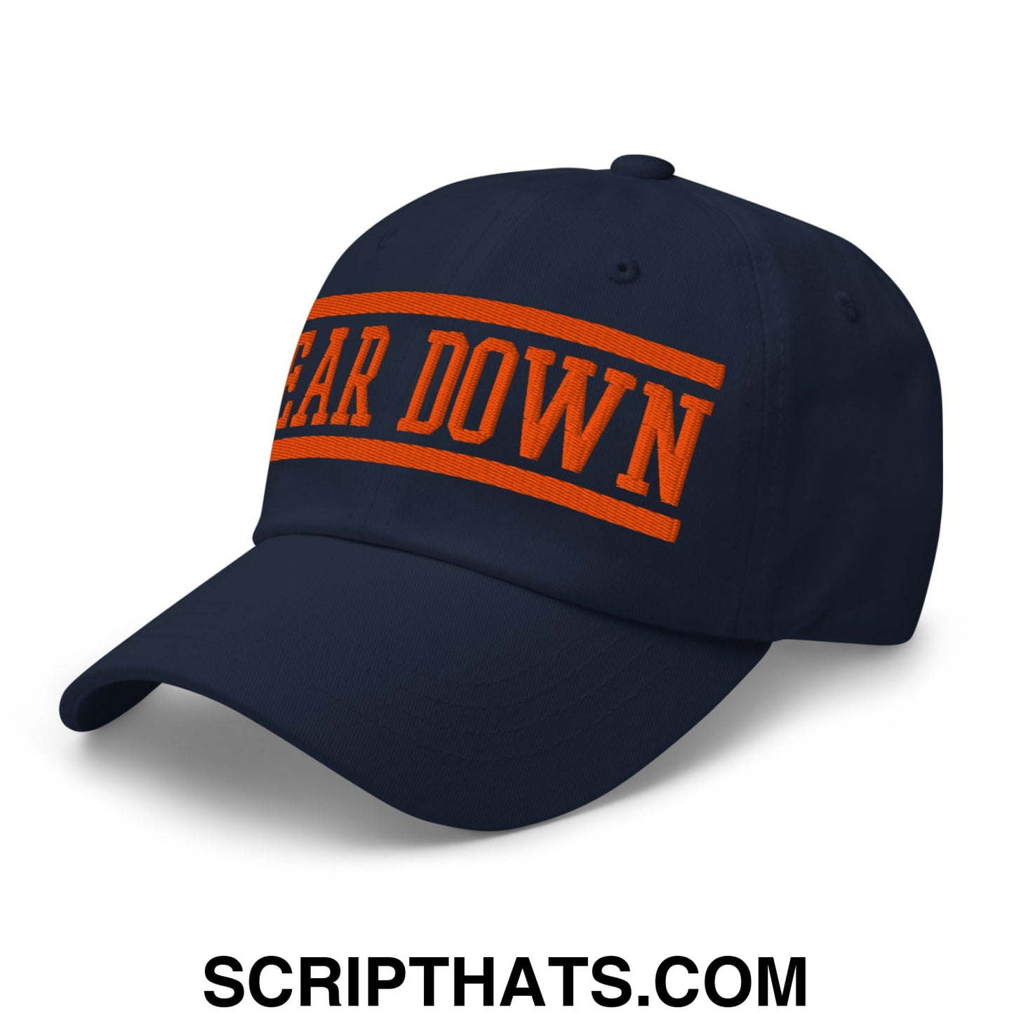 Navy blue unstructured dad hat with bold orange embroidered bear down text across the front