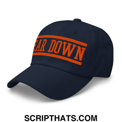 Navy blue unstructured dad hat with bold orange embroidered bear down text across the front