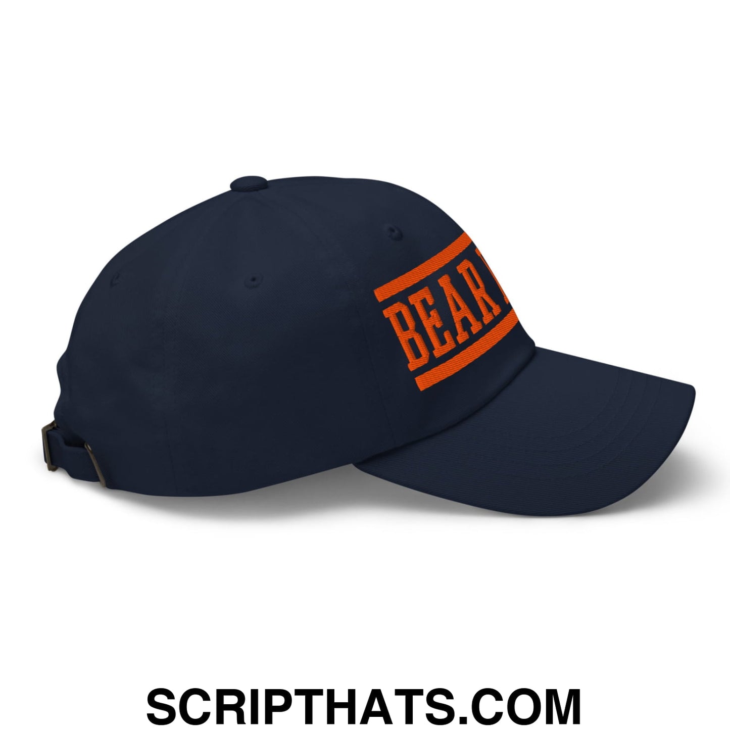 Navy blue bear down embroidered unstructured dad hat with orange bear lettering and matching stripes