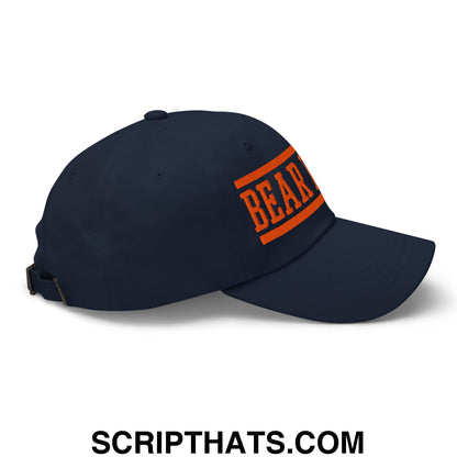 Navy blue bear down embroidered unstructured dad hat with orange bear lettering and matching stripes