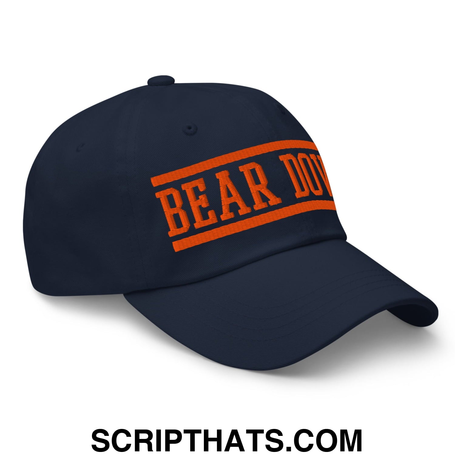 Navy blue unstructured dad hat with bold orange embroidered bear down lettering on the front