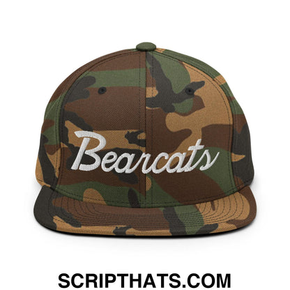 Bearcats School Mascot Script Snapback Hat Green Camo