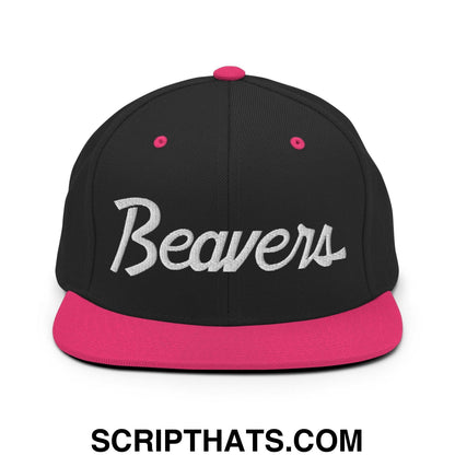 Beavers School Mascot Script Snapback Hat Black Neon Pink