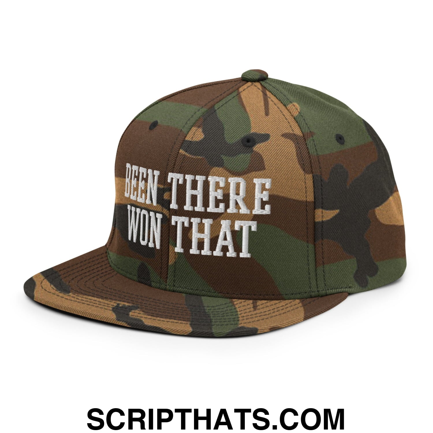 Been There Won That Embroidered Flat Bill Brim Snapback Hat Green Camo