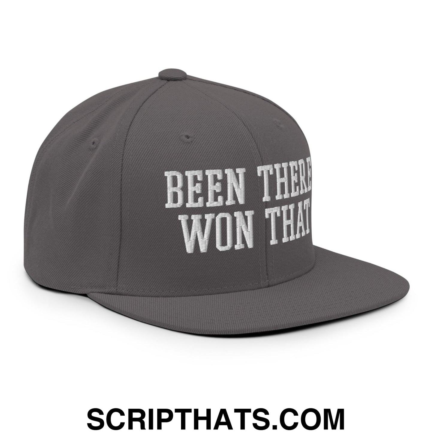 Been There Won That Embroidered Flat Bill Brim Snapback Hat Dark Grey