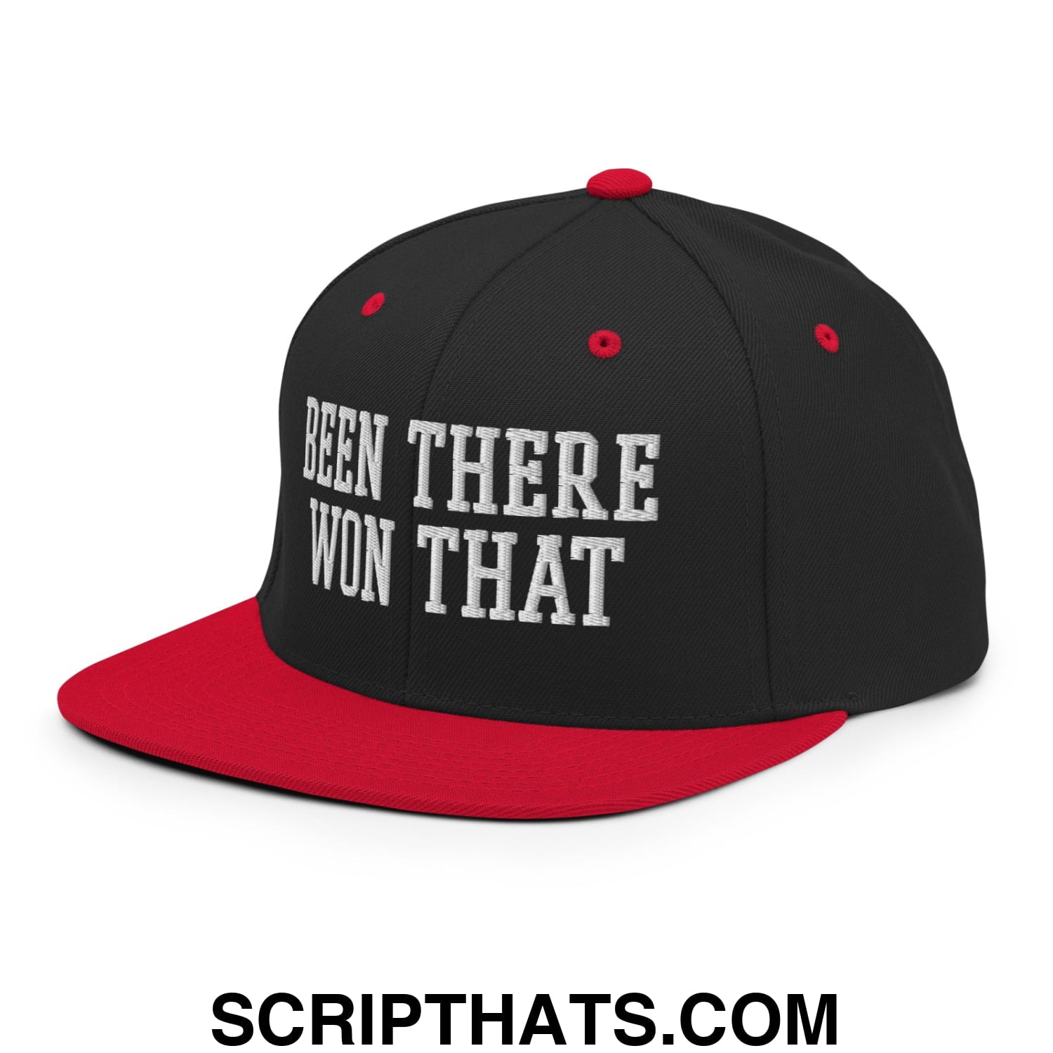 Been There Won That Embroidered Flat Bill Brim Snapback Hat Black Red