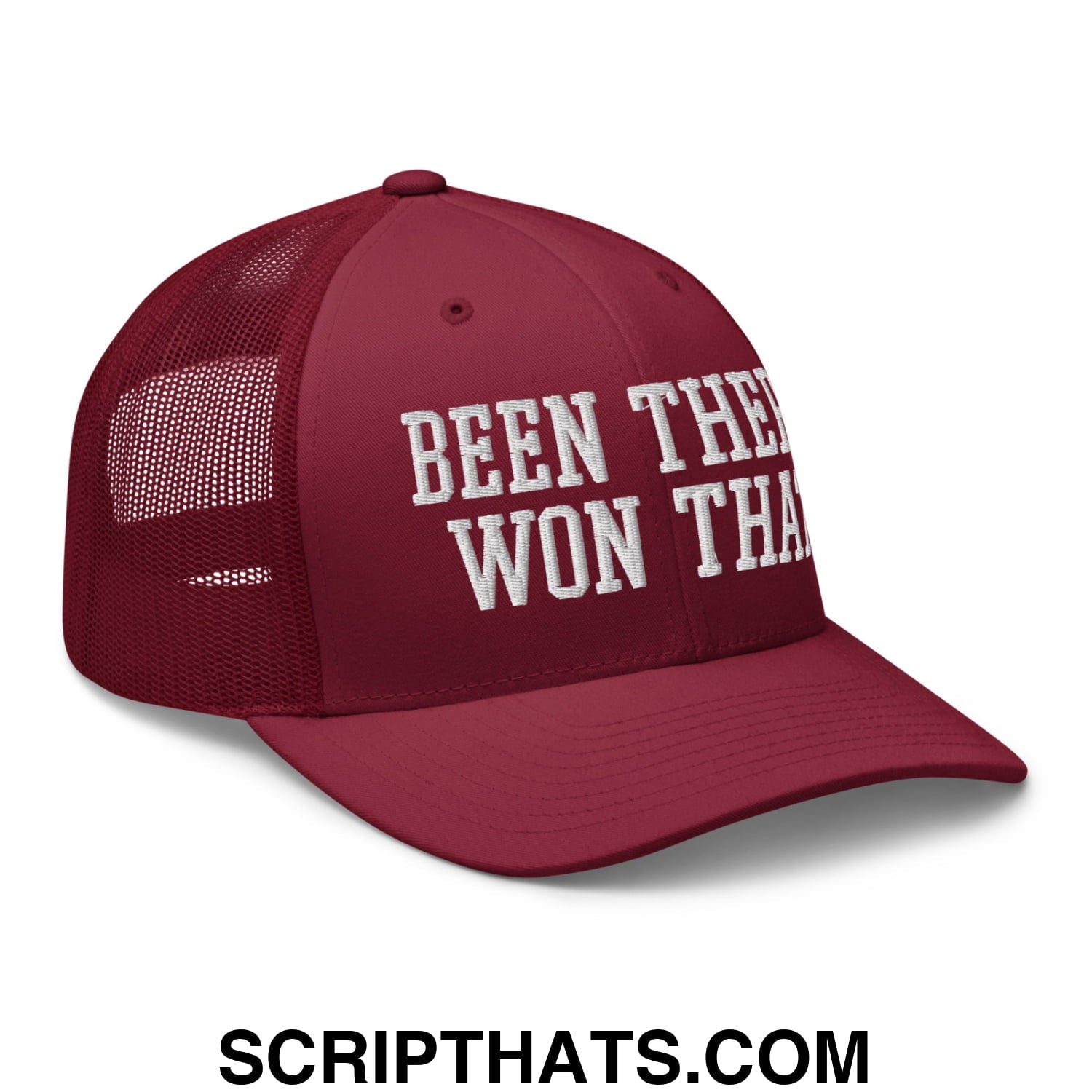 Been There Won That Embroidered Mesh Trucker Hat Cranberry
