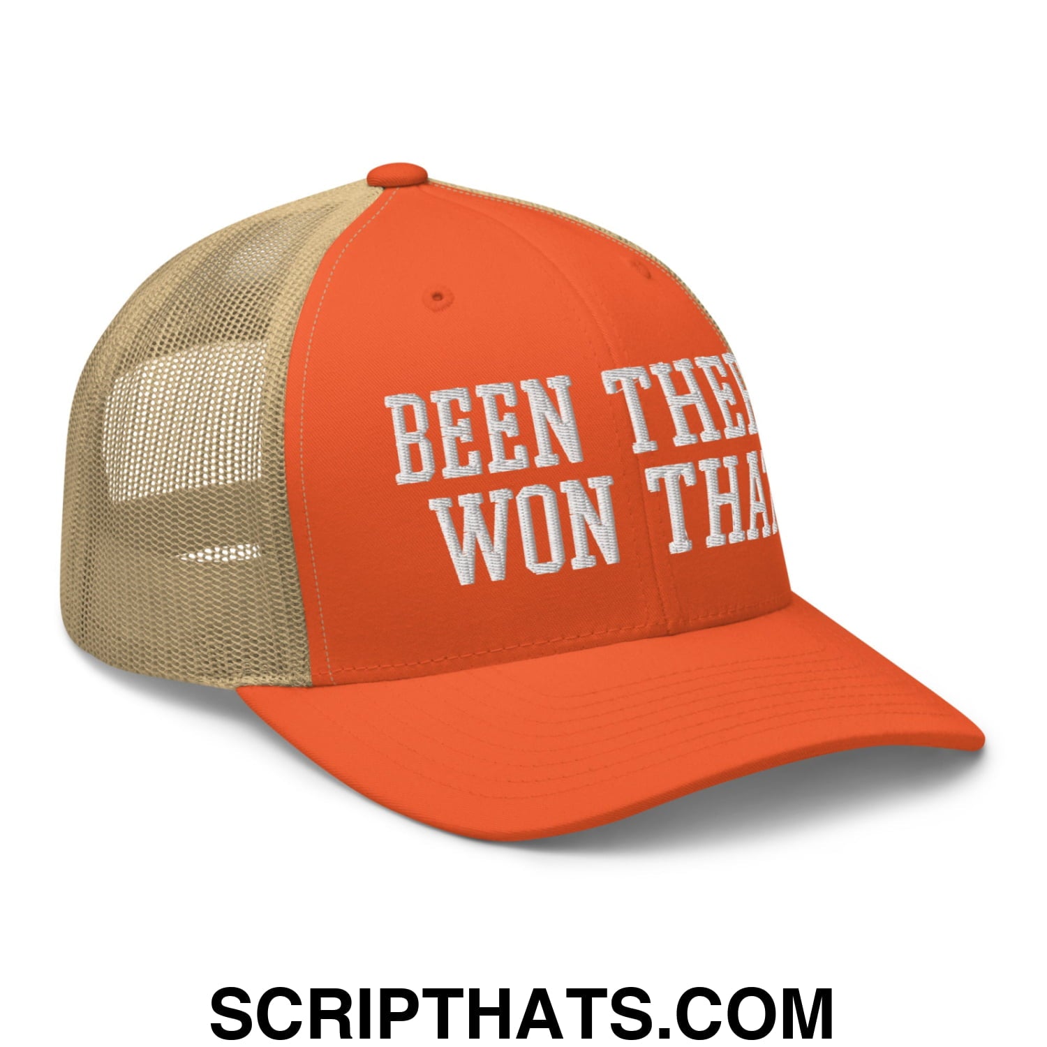 Been There Won That Embroidered Mesh Trucker Hat Rustic Orange Khaki