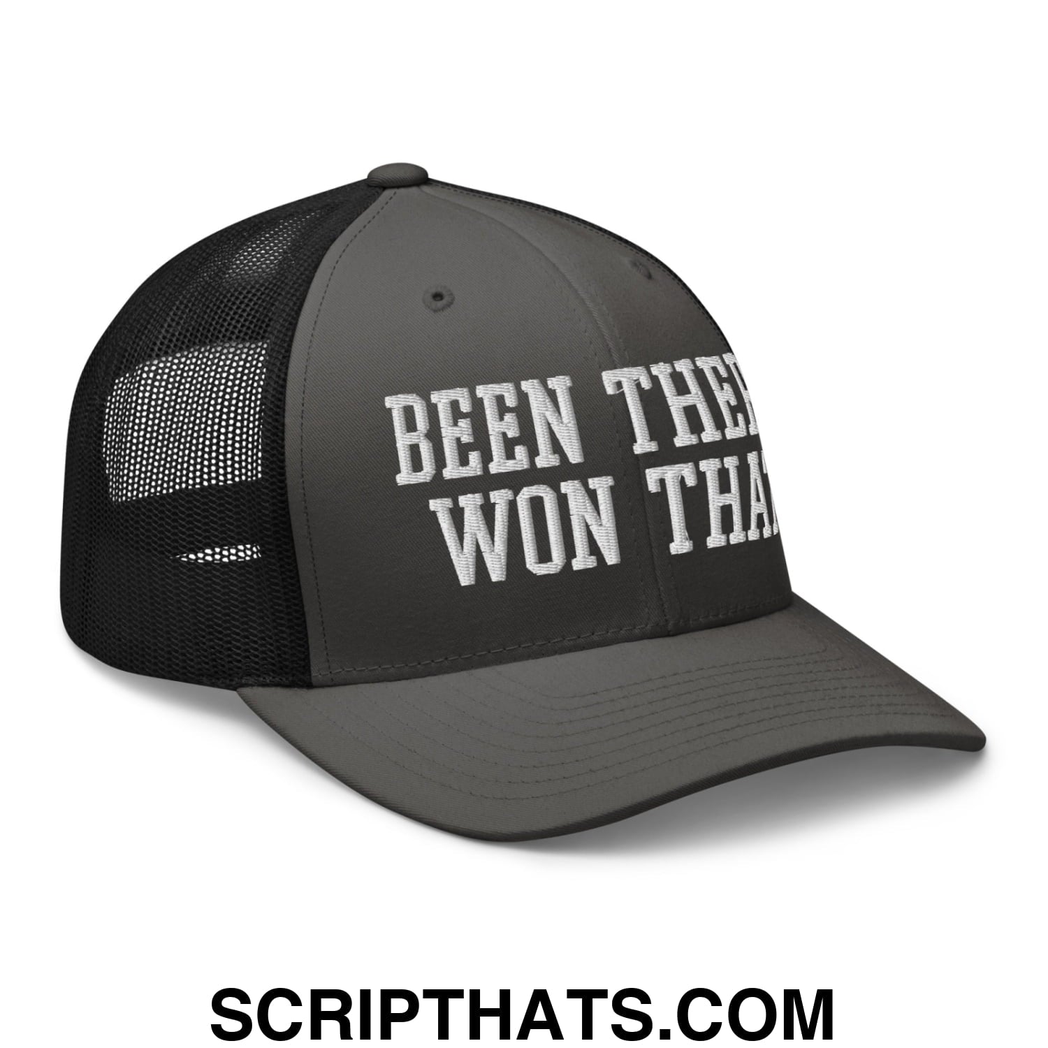 Been There Won That Embroidered Mesh Trucker Hat Charcoal Black