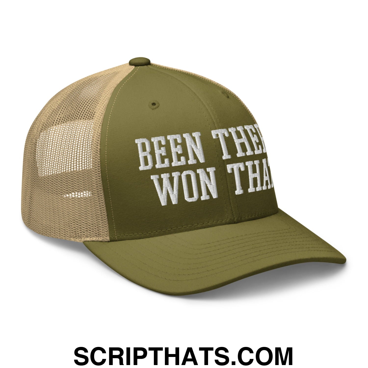 Been There Won That Embroidered Mesh Trucker Hat Moss Khaki