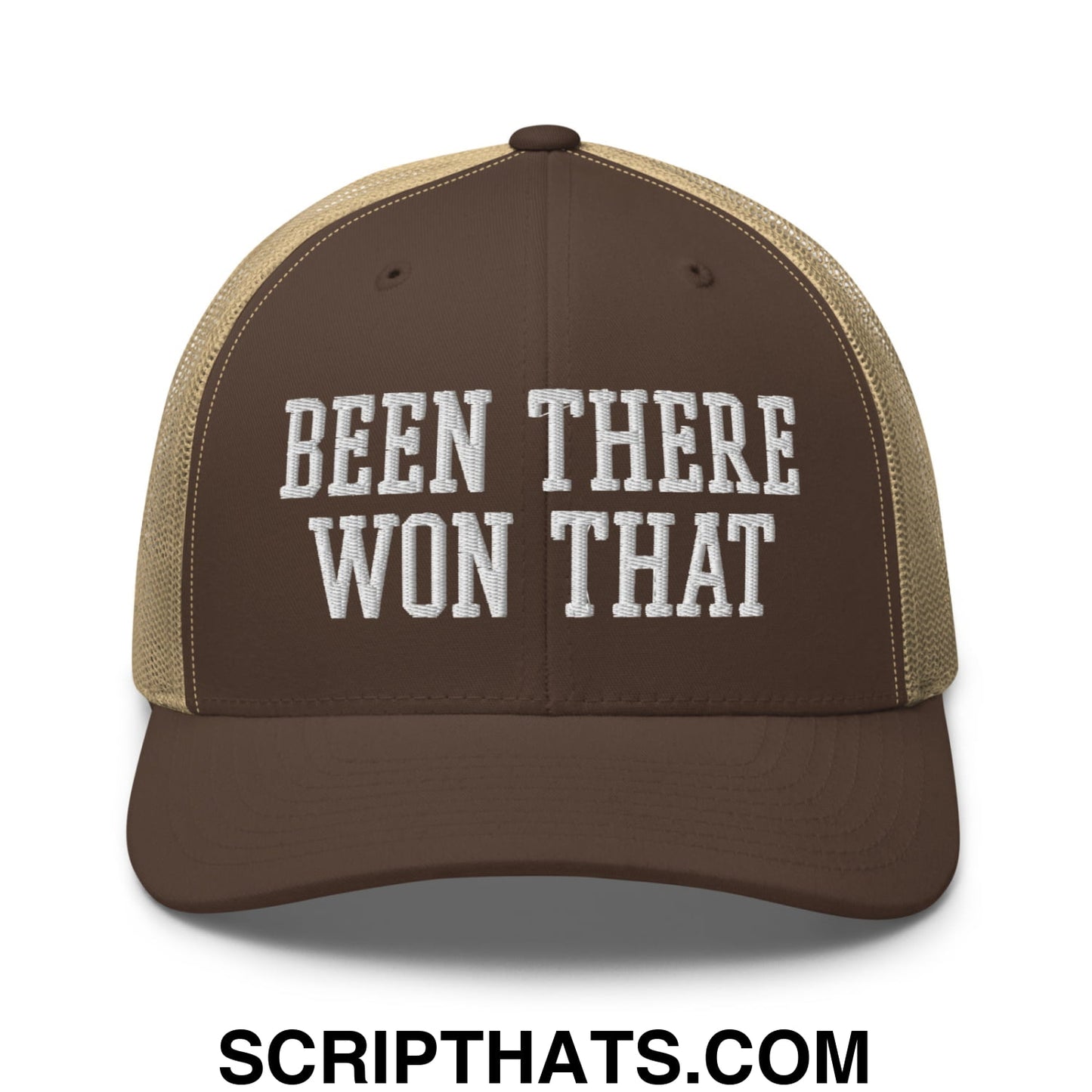 Been There Won That Embroidered Mesh Trucker Hat Brown Khaki
