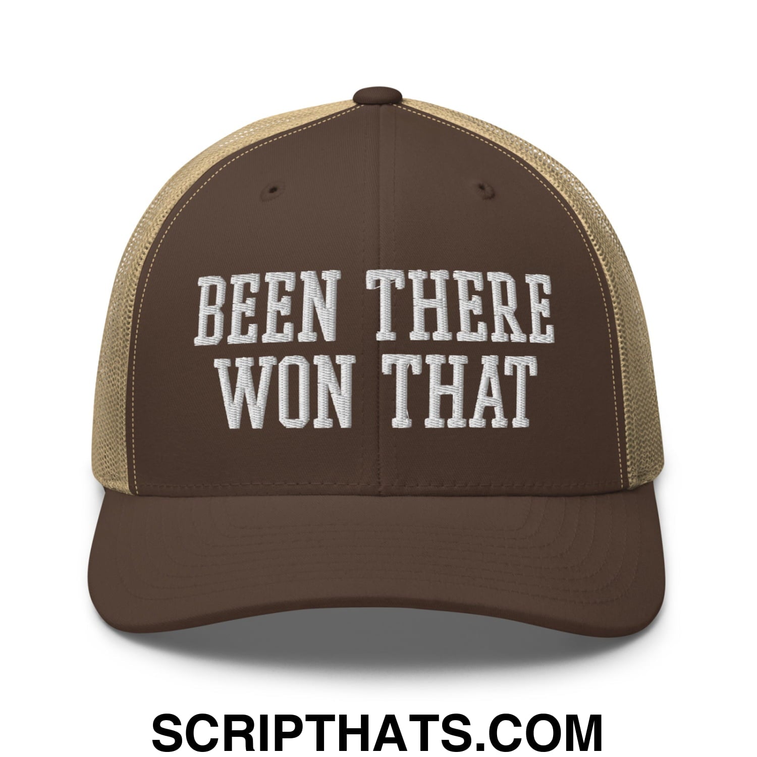 Been There Won That Embroidered Mesh Trucker Hat Brown Khaki