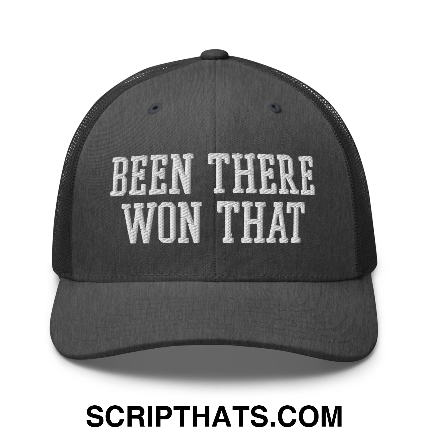 Been There Won That Embroidered Mesh Trucker Hat Dark Heather Gray