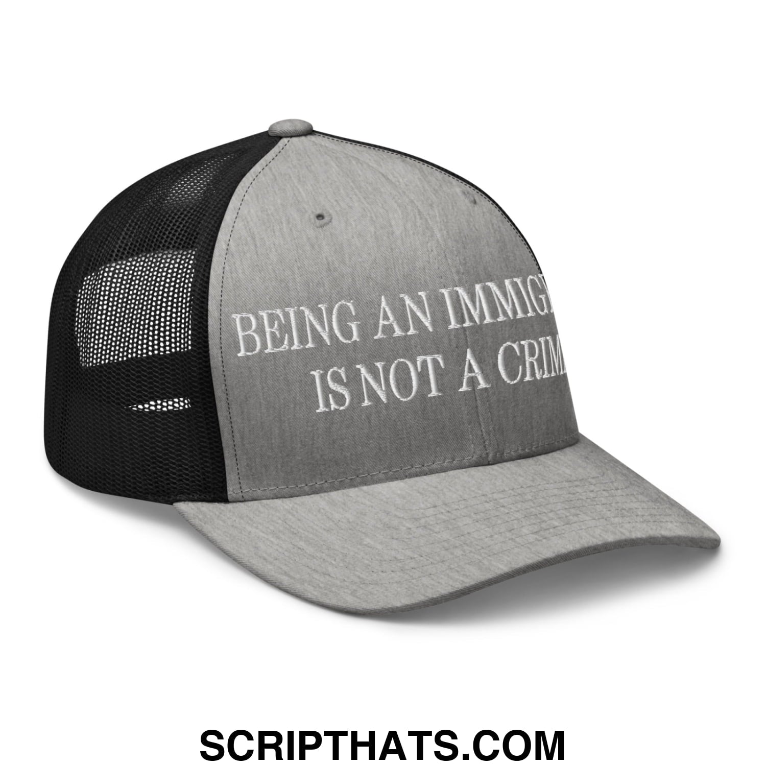 Being an Immigrant is not a Crime Embroidered Mesh Trucker Hat Heather Black