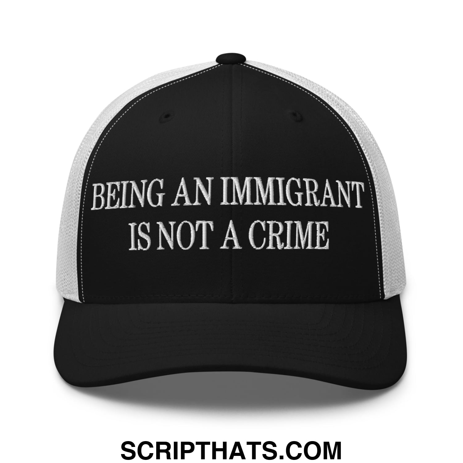 Being an Immigrant is not a Crime Embroidered Mesh Trucker Hat Black White