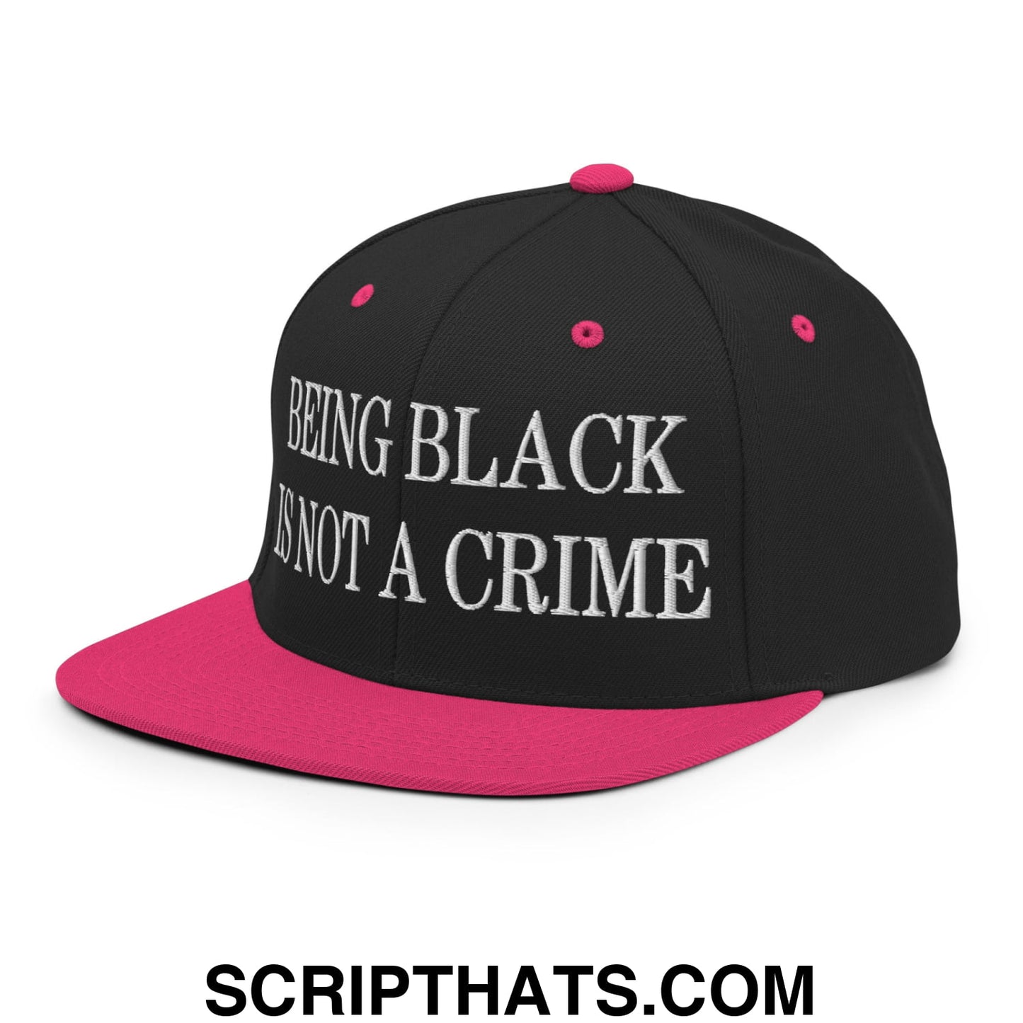 Being Black is not a Crime Embroidered Flat Bill Brim Snapback Hat Black Neon Pink